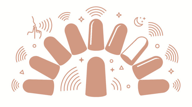 Ilustra&ccedil;&atilde;o vetorial de um conjunto de protetores auriculares de espuma dispostos em um semic&iacute;rculo com &iacute;cones de ondas sonoras e elementos decorativos em estilo minimalista.