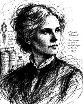 Elizabeth Blackwell First Woman to Receive a Medical Degree in the United States and Pioneer of Women in Medicine Hand-Drawn Ink Portrait Illustration Isolated on Transparent Background