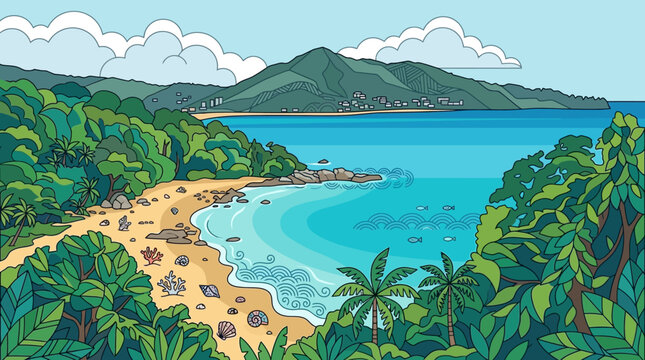 Ilustracja przedstawiająca malowniczą tropikalną plażę z turkusową wodą, otoczoną bujną zieloną dżunglą, g&oacute;rami w tle oraz piaszczystym brzegiem z kamieniami w słoneczny dzień.