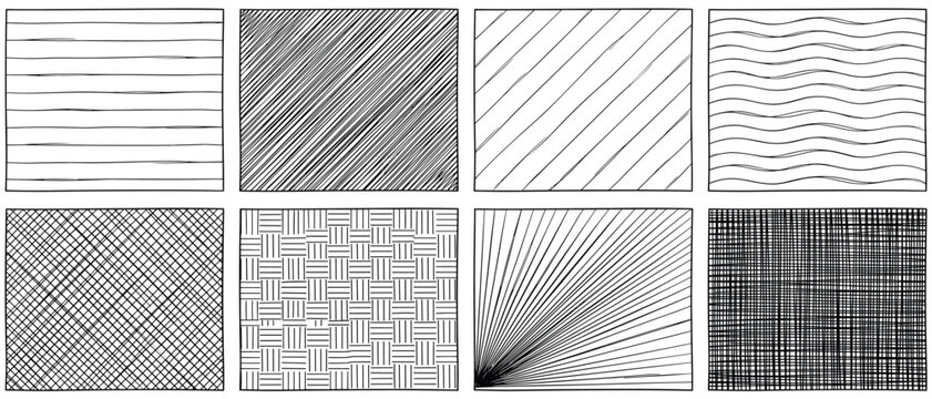 Hand Drawn Lines. Set of 8 black and white line art seamless textures with horizontal, diagonal, wavy, crosshatch and radial patterns isolated for fabric print and packaging design 