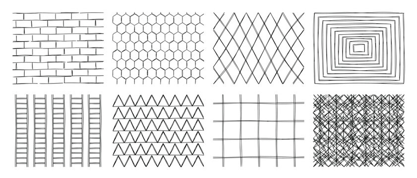 Hand Drawn Grids. Set of 8 black and white line art seamless textures with brick, hexagon, mesh, ladder, zigzag and crosshatch patterns isolated for fabric print and packaging design