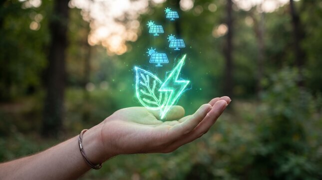 Sustainable green energy concept with glowing leaf and lightning bolt icons, renewable solar power symbols over human hand in forest