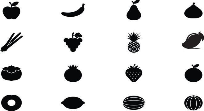 Collection of various fruit icons in black silhouette on white background