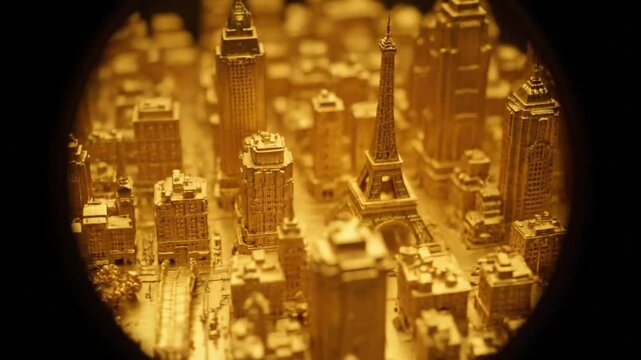 Golden miniature city skyline with Eiffel Tower and skyscrapers.