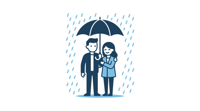 Couple under umbrella in rain, feeling safe and protected, illustration