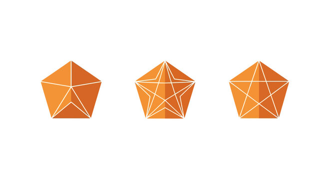 Three orange geometric pentagon shapes with wireframe design.