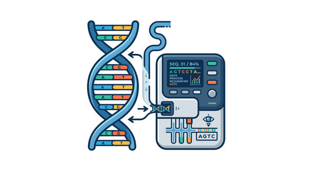 DNA sequencing machine analyzing genetic code, scientific research and biotechnology concept