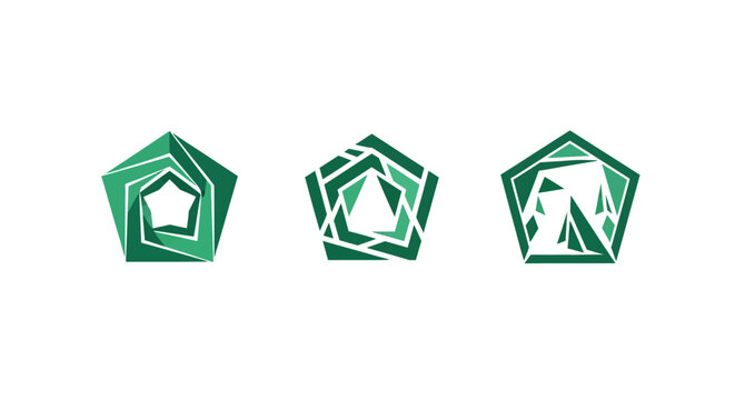 Three overlapping green pentagon shapes design.
