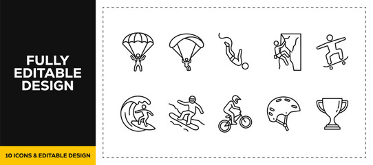flat vector illustration line art icon bundle set design highlighting extreme sports mountain alpinism skydiving parachutes and dangerous adventure graphics for UI apps © HASNA