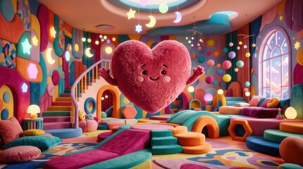 Naklejka premium Cute fluffy pink heart character floating in a colorful playroom. Whimsical children playroom with soft toys and pastel decorations.