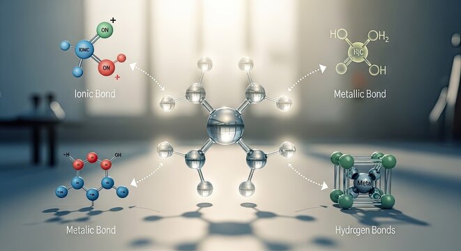 3D models of ionic metallic and hydrogen chemical bonds.