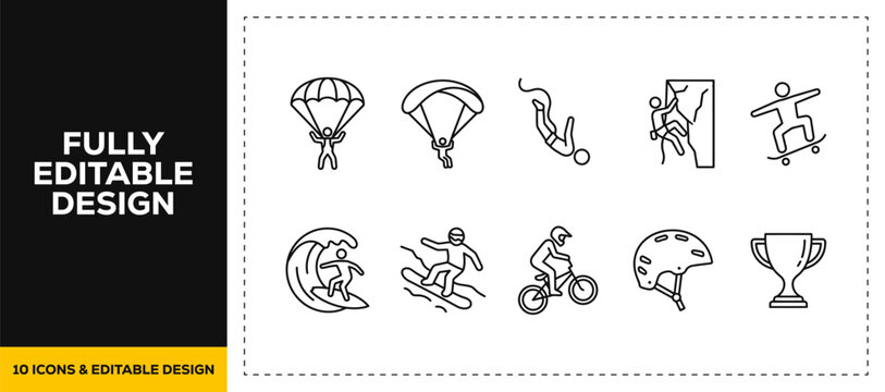 flat vector illustration line art icon bundle set design highlighting extreme sports mountain alpinism skydiving parachutes and dangerous adventure graphics for UI apps