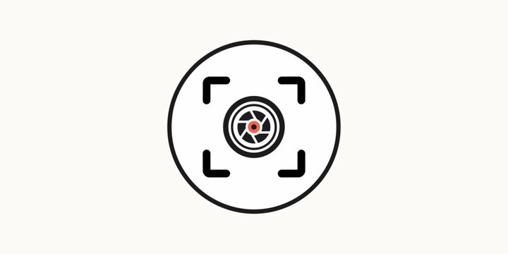 Minimalist camera lens focus icon with aperture shutter and targeting brackets in a circle
