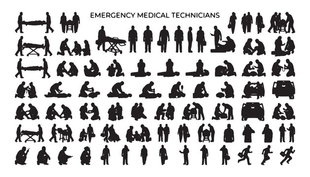 Emergency Medical Technicians Silhouette Icons Set Showing Paramedic Care, CPR, Stretcher Transport and Rescue Scenes