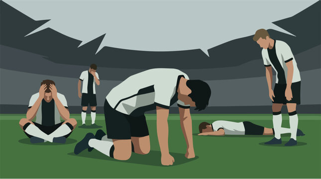 Sad soccer team in black white uniform defeated vector. Devastated football players losing match on field illustration. Dejected athletes in stadium flat design.