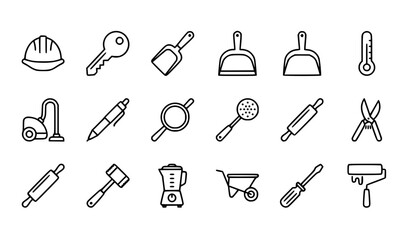 Obraz premium Home Improvement and Kitchen Outline Icons Collection with Vacuum Blender Wheelbarrow and Tool Symbols