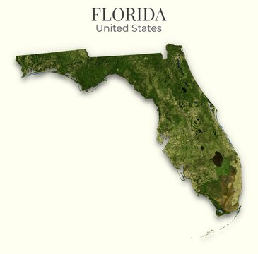 Florida shaded relief map, 3D terrain map illustration of Florida, United States, hillshaded physical geography.