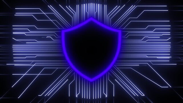Digital Shield of Protection: A glowing neon shield hovers at the center, surrounded by intricate circuit board patterns, symbolizing advanced digital security and data protection.