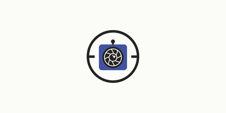 Camera shutter aperture icon inside a circular viewfinder for photography focus