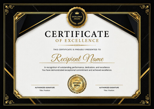 Certificate of Excellence Template with Black and Gold Border Editable Award Layout