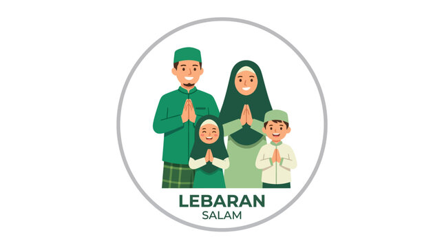 Muslim Family Celebrating Lebaran with Salam Greeting in Green