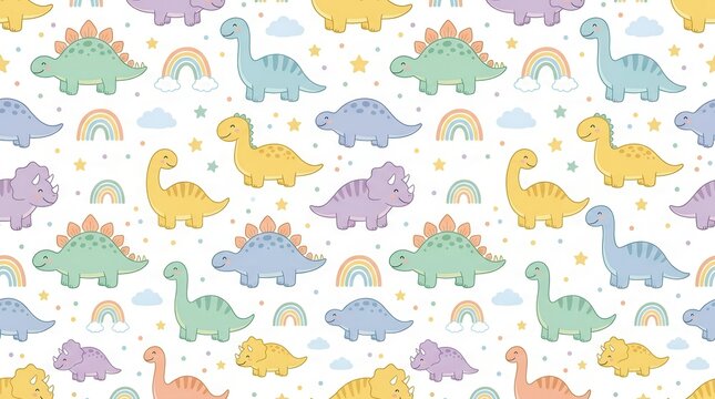 Cute pastel colored dinosaurs, rainbows, clouds, and stars form a seamless background