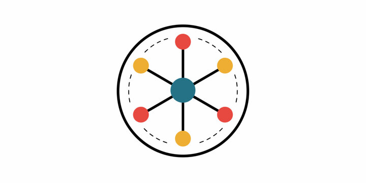 Vector illustration of a centralized connectivity hub with radiating lines to colored circular nodes