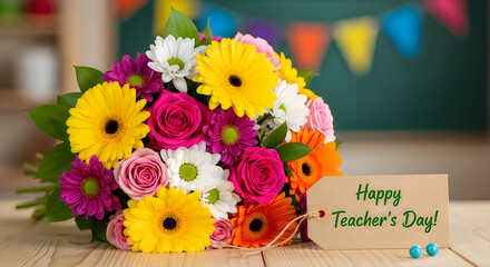 Obraz premium Colorful lego flowers bouquet with happy teacher's day message on card in pixel art style