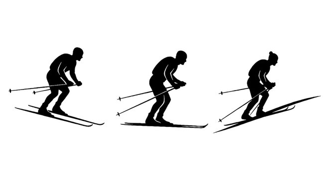 Silhouette of skier in dynamic downhill skiing poses.
