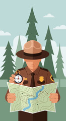 Fototapeta premium Park Ranger Holding Map And Compass Planning Outdoor Adventure