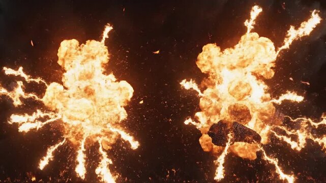 Two massive explosions occur in the dark with flames and sparks flying everywhere quickly