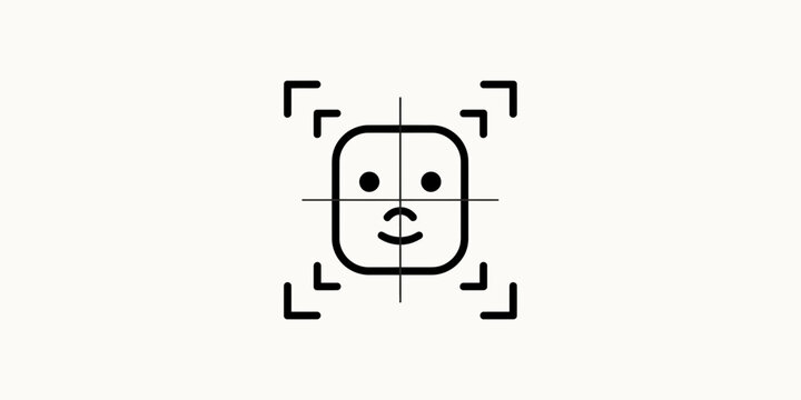 Facial recognition technology icon with biometric scan frame and stylized human face outline