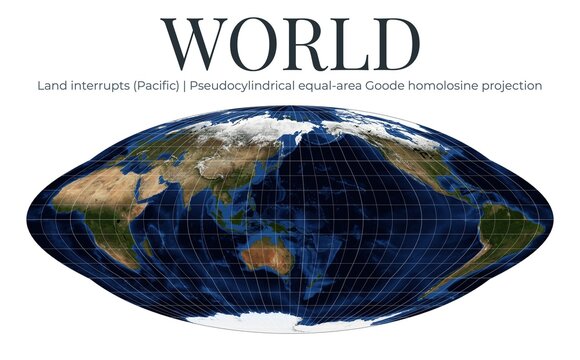 World map in Goode homolosine projection. Land interrupts Pacific-centered view. High detail, equal-area representation. April View. Elements of this image furnished by NASA.