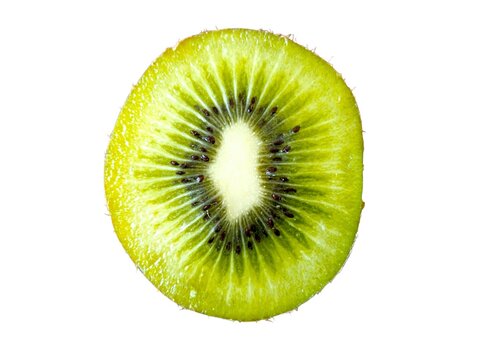 A close-up of a fresh kiwi slice shows its vibrant green flesh, tiny black seeds, and white core, highlighting its juicy and tropical appeal on a white background.