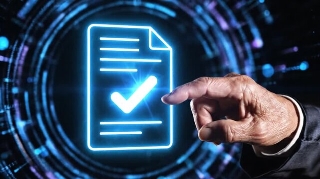 Elderly hand pointing at glowing digital document checkmark icon in dark futuristic interface