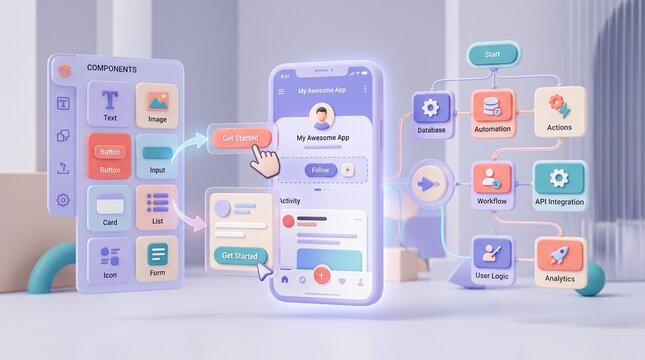 3D Illustration of No Code Mobile Application Builder Interface with Drag and Drop Components and Workflow Automation