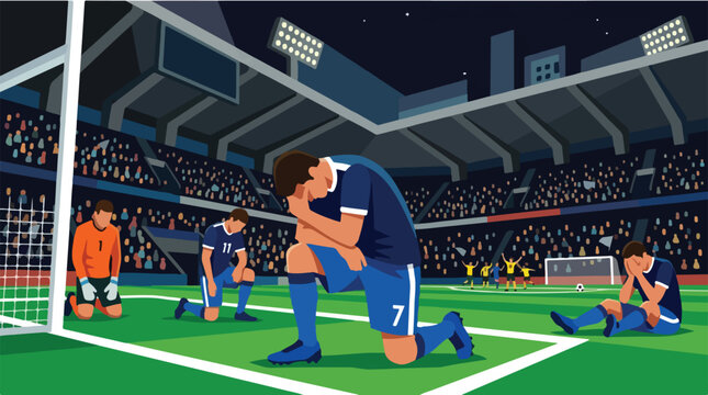 Devastated soccer players kneeling in grief near goal net. Disappointed football team losing final match. Sad goalkeeper and athletes defeated at stadium vector.