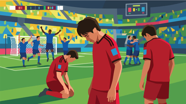 Sad red team football players feeling disappointed after defeat. Winners celebrating goal on background in soccer stadium arena. Flat vector illustration.