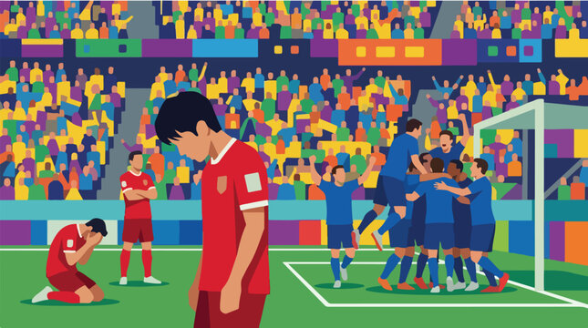 Sad football team losing match flat vector. Opponent soccer players celebrating goal in full stadium tribune. Disappointed athlete crying on knees after defeat.