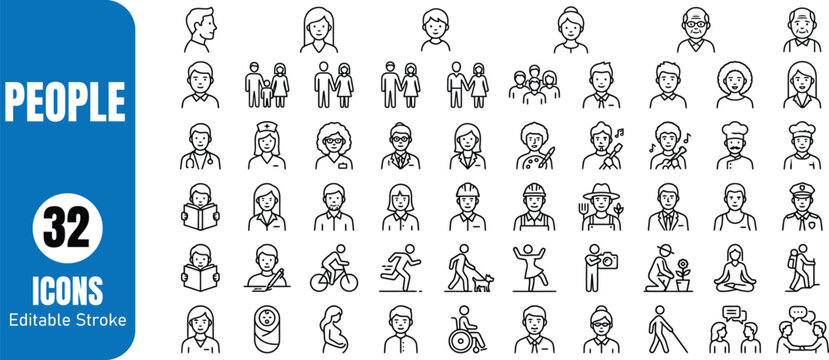 Collection of 32 editable line style people icons for various professions and activities