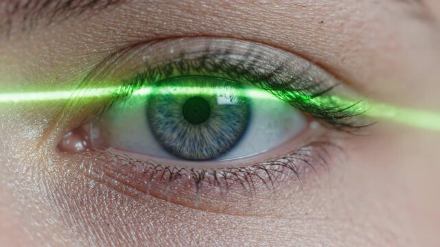Close up blue human eye with green laser scanning across eyelid and iris showing detailed skin texture and eyelashes in high resolution close up view