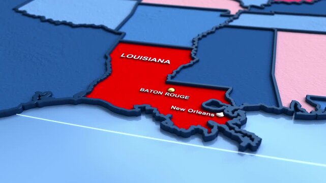 Looped 3D election map animation of the United States zooming into Louisiana state, featuring red, blue, purple and green political outcome variations. 