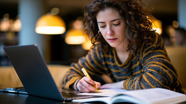 A freelance content strategist drafts a project scope addendum on her laptop in a quiet library work pod, her annotated original contract and client brief open beside her, the careful revision proce
