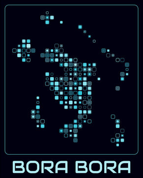 Bora Bora digital style map. Large roundedSquare dots on dark background. Dotted shape of the island. Vector map and title. Modern vector illustration.