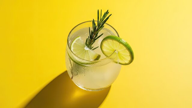Gin and tonic with lime on yellow background.