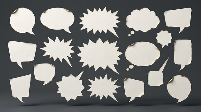 Collection of blank white paper speech bubbles and thought clouds isolated on a dark background with communication dialogue collection isolated background creative elements presentation