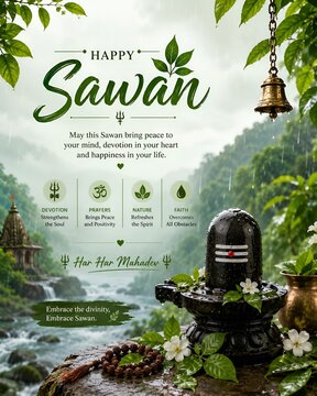 Happy sawan festival celebration with shiva lingam traditional bell serene nature
