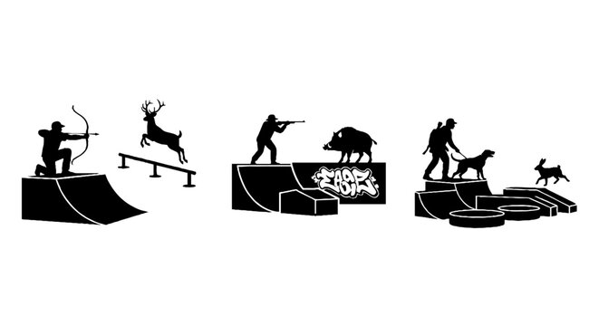 Silhouettes of hunters and animals in action scenes.