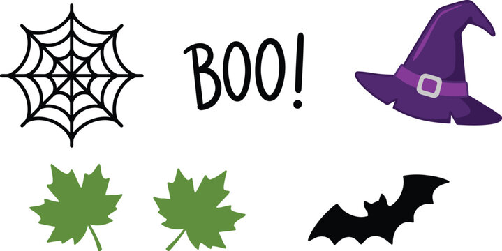 Spooky Halloween vector element set with spiderweb, purple witch hat, flying bat, green leaves and boo text