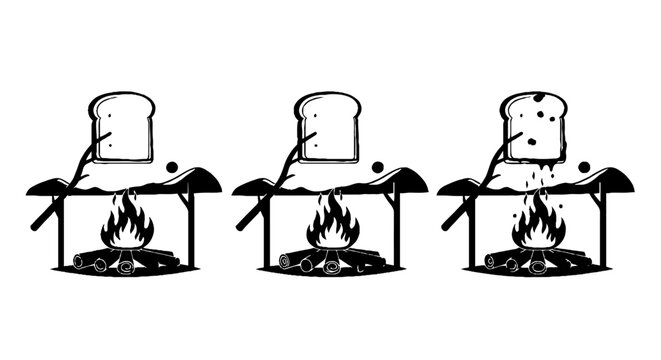 Three slices of bread toasting over open flames.